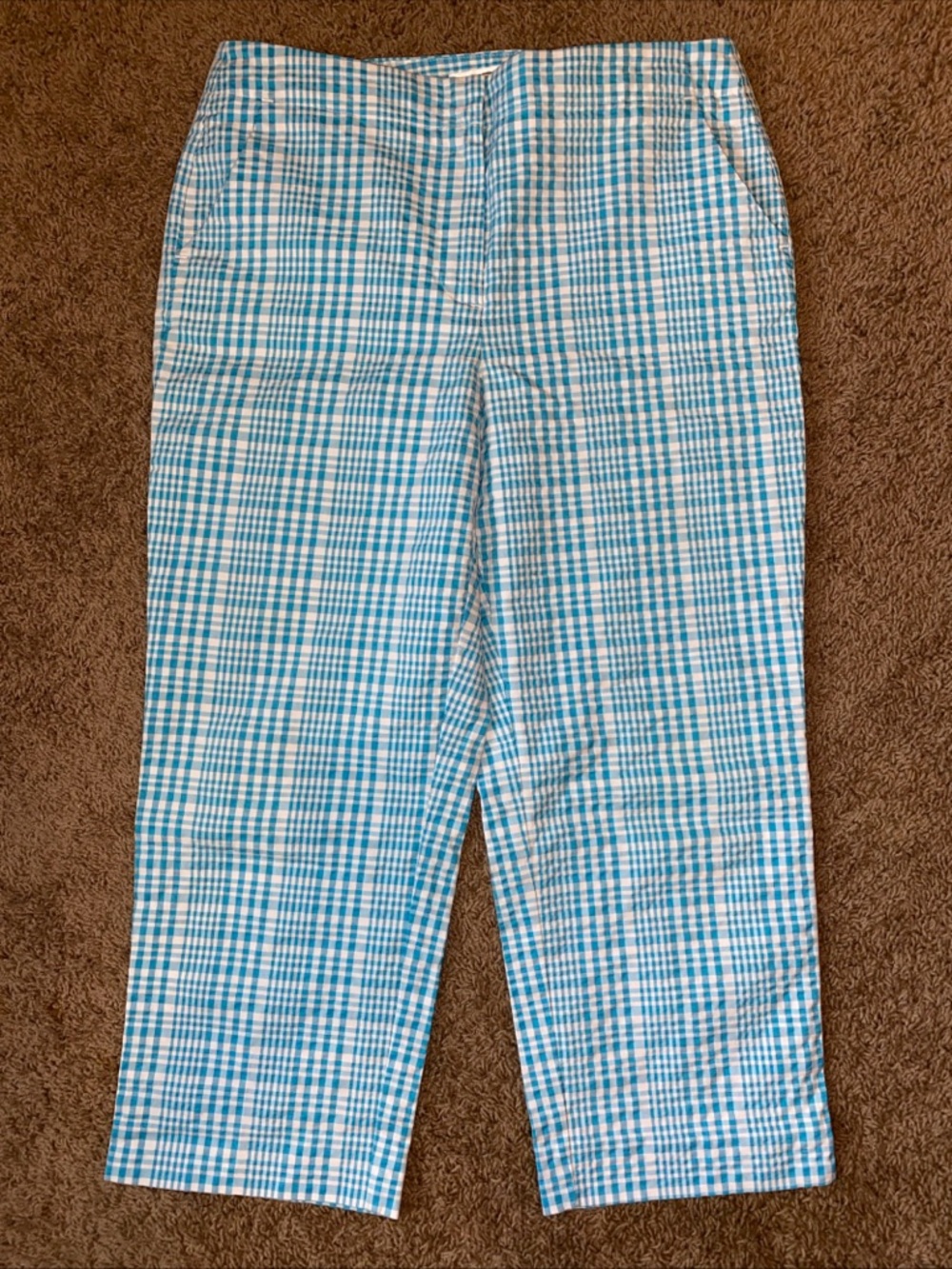 TALBOTS Seersucker Capri Crop Pants Sz 8 Blue White Checked Coastal Beach Preppy